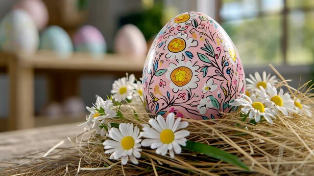 Colorful handpainted easter egg with daisies set against a rustic sunlit background