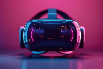 Close up of a virtual reality headset with neon lights