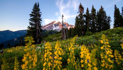 Mountain meadow wildflowers at sunrise