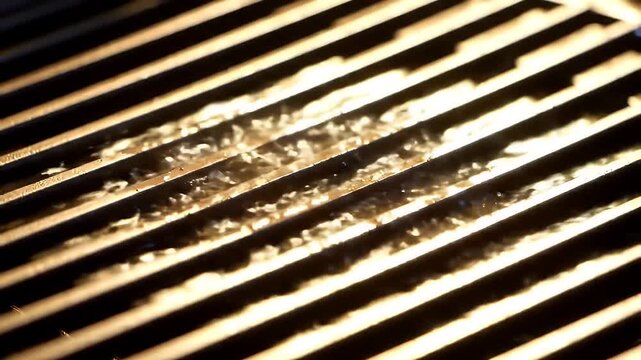 Radiant Golden Liquid Flowing Through Parallel Metal Grates in Top Down Close Up with Dynamic Shadows Industrial Precision and Controlled Movement Abstract Texture on Metallic Grid Background