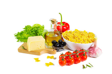 Ripe juicy cherry tomatoes, pepper, farfalle pasta, cheese, garlic, olive oil.  Italian cuisine.