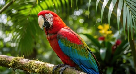 Vibrant Scarlet Macaw Perched Amidst Lush Green Foliage in Tropical Setting