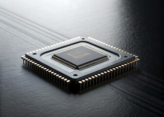 Close-up macro of a digital computer circuit board with an electronic processor chip and memory components