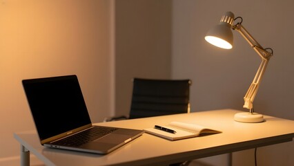 Desk setup with a laptop, notebook, and desk lamp in a softly lit room