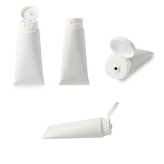 Set white plastic tubes isolated on white, blank white cosmetic containers.