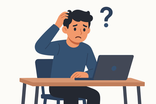 Confused man at desk with laptop has work problem. Puzzled character scratching head with question mark. Concept of difficulty, thinking, stress, trouble, doubt. Vector