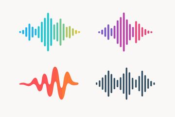 Audio spectrum sound wave vector icon set. Colorful music and voice track equalizer graphics. Soundwave, frequency, amplitude, pulse, and rhythm signal icons for podcast.