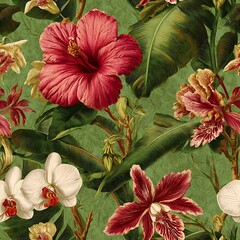 Vintage Red Hibiscus and Orchid Floral Pattern on Green Background image photo