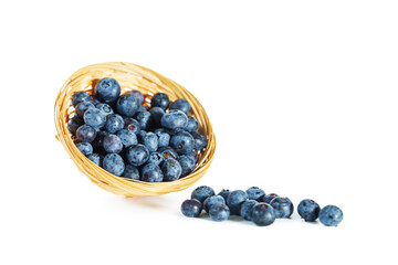 Ripe fresh blueberries in a wicker basket isolated on white.
