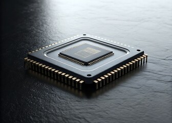 A close-up macro shot of a computer circuit board with a central processing unit and memory chips