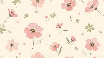 Fototapeta premium Pink Floral Pattern Design with Delicate Flowers and Green Leaves