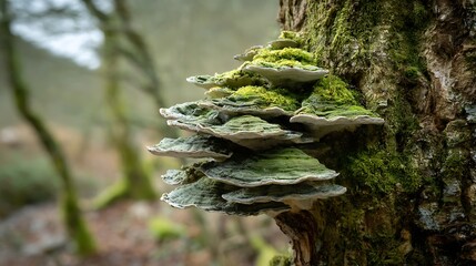 Close-up of layered, grey-green shelf fungus growing on a tree trunk in a natural setting. .