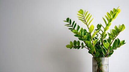 Indoor ZZ plant (Zamioculcas zamiifolia) in a tall slim vase, bright green leaves, isolated on plain background, copy space at side.