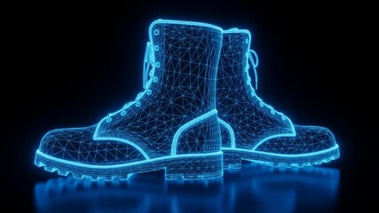 Futuristic Wireframe Boots - A pair of sturdy work boots are depicted in a futuristic wireframe style, glowing with vibrant blue light against a black background.