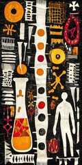 Abstract science illustration with test tubes human figures and various scientific elements.