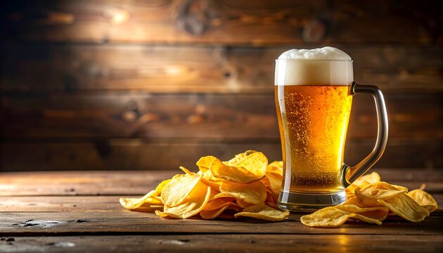 Light beer and chips on a rustic table - Powered by Adobe