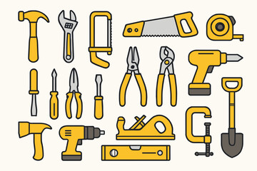 Hand tool collection vector icon set for construction and carpentry. Workshop equipment for DIY, repair, and building. Flat illustration of hammer, saw, drill, and wrench.