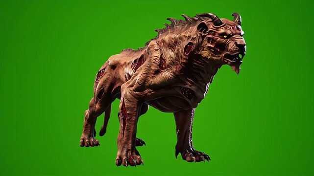 Dynamic 3D Rendered Mutated Monster Beast with Horns and Wounds on Green Screen