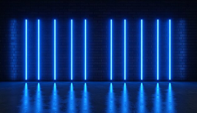 Minimal Futuristic Brick Wall At Night Illuminated By Vertical Blue Neon Bars Concrete