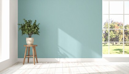 Minimal Modern Living Room Background With Pastel Teal Wall Large Sunlight Window