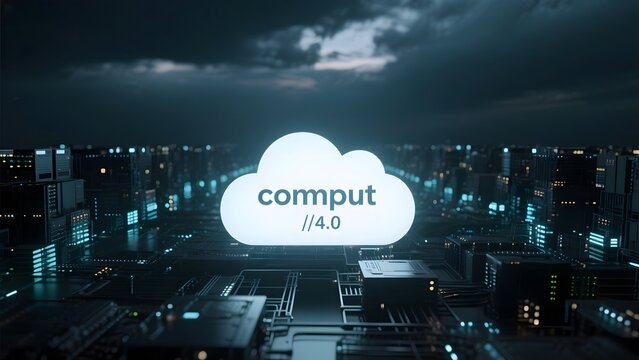 Illuminated cloud with 'comput //4.0' text over a futuristic cityscape at night