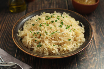 A bowl with traditional German Sauerkraut