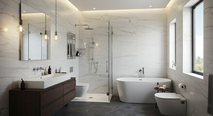 Spacious Modern Bathroom with Luxurious Fixtures, Elegant Design, and Contemporary Style
