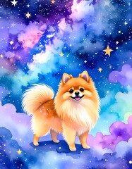 Obraz premium Watercolor Pomeranian Dog Portrait on a Starry Night Sky Background