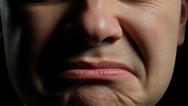 Closeup of a mans nose and mouth in a grimace