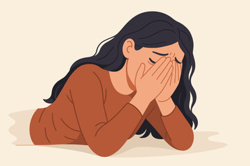 Sad tired exhausted woman covering face. Desperate person feeling depressed. Mental health concept. Burnout, stress, and anxiety illustration. Grief and loneliness vector.