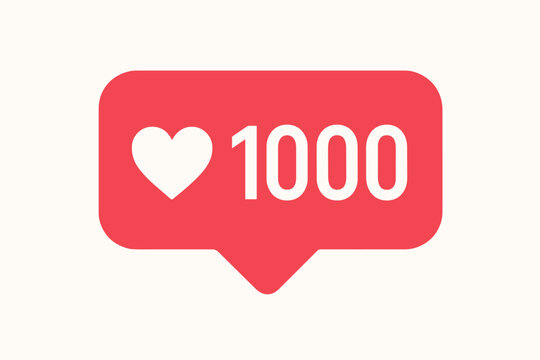 Social media like icon with 1000 likes. Red notification bubble with heart symbol. Follower counter for network success, popularity, and engagement. Flat design vector.
