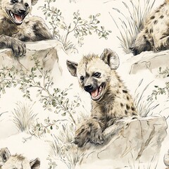 Watercolor Hyena Cubs Peeking Over
