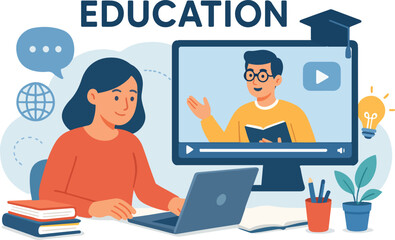 Online Learning Technology and Education Concept, A student learns from an online teacher illustration.