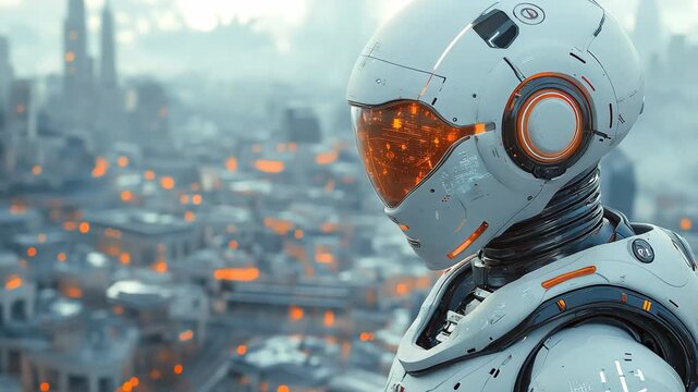 A robotic figure stands poised against a breathtaking city backdrop, showcasing its metallic features as electric hues light up the skyline during sunset.