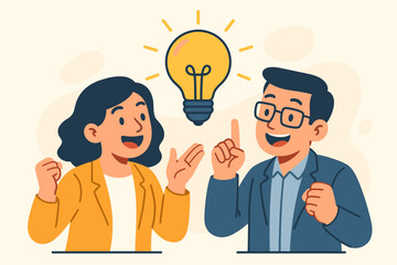 Teamwork innovation concept. Business man and woman collaboration with a big lightbulb idea. Creative colleagues brainstorming for problem solving and new solutions. Success.