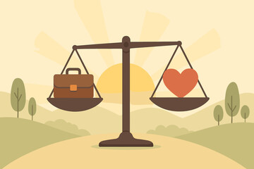 Work life balance concept. Scales with heart and briefcase in harmony. Career and family choice. Wellbeing, lifestyle and mental health vector illustration in landscape.
