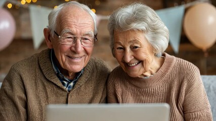 Elderly couple joyfully video calling family on laptop at home - Powered by Adobe