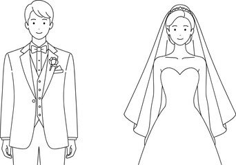 Bride and groom wedding illustration, elegant couple in wedding dress and suit, marriage ceremony line art, romantic bridal fashion design