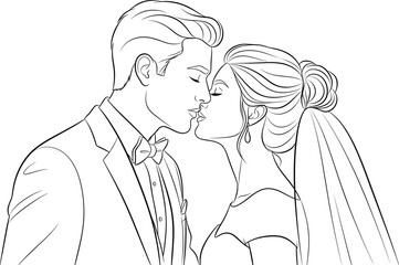 Bride and groom wedding kiss illustration, romantic couple in love, elegant marriage ceremony moment, beautiful line art, bridal fashion artwork