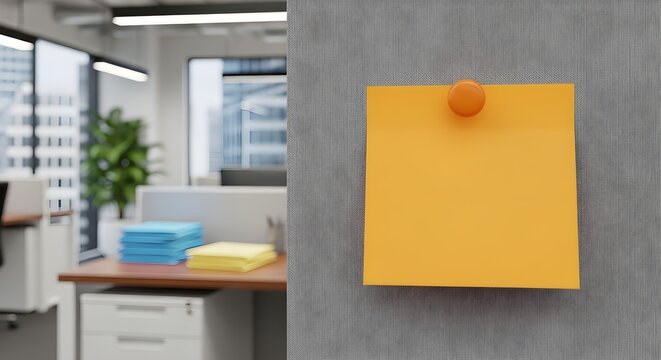 An orange sticky note on a gray board in an office environment.