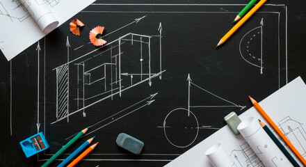 Geometry Drawings on Chalkboard with Pencils, Erasers, and Drafting Tools