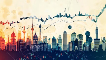 Financial markets and global economy: animated cityscape with stock chart overlay - Powered by Adobe