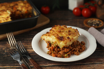 A shepherd's pie, freshly backed and ready to be served. Traditional English dish