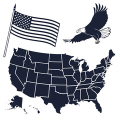 United States Map with State Borders, American Flag, and Eagle – Monochrome Vector