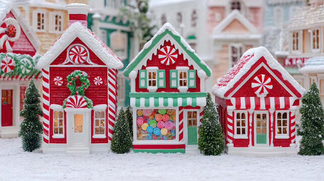 Festive christmas village with charming houses and colorful candy decorations situated in a winter wonderland setting