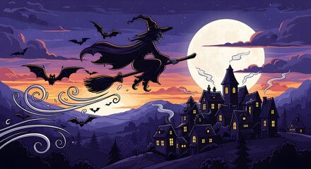 A witch flies on a broomstick past bats near a full moon and haunted houses at twilight