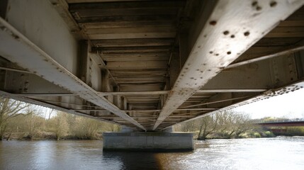 Obraz premium Image showcases underside of bridge, highlighting structural elements and water flowing beneath. scene evokes sense of engineering and nature coexistence