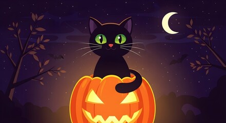 Fototapeta premium A black cat with green eyes sits in a glowing jack o' lantern under a crescent moon and starry night sky