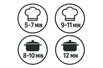 Cooking time instructions vector icon set. Recommended preparation time in minutes for food packaging. Chef hat and pan symbols for boiling. Flat design label stamp.