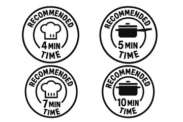 Fototapeta premium Set of vector icons for food packaging. Recommended cooking time stamps with chef hat and pan symbols. Preparation instruction labels for pasta, rice, and meals.